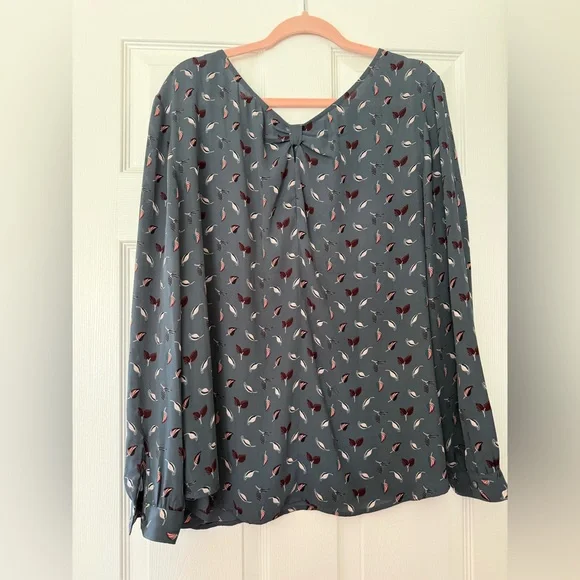 LOFT Slate Blue Floral Print Blouse with Pink & Burgundy Accents - Picture 2 of 2